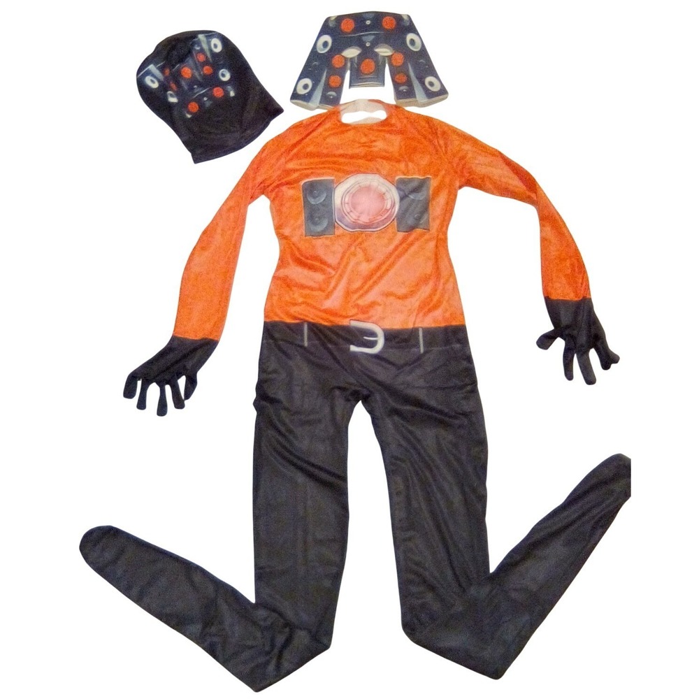 Kids Skibidi Toilet Titan Speakerman Costume Set Orange Black Jumpsuit Mask Hood